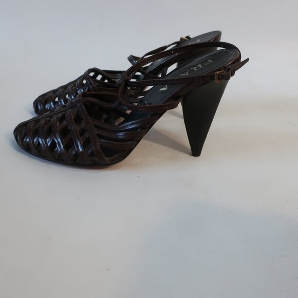 NWOB Womens Prada Brown Caged Strap Leather Cone Heel Slingback Pumps 39 US/9 - Picture 4 of 11